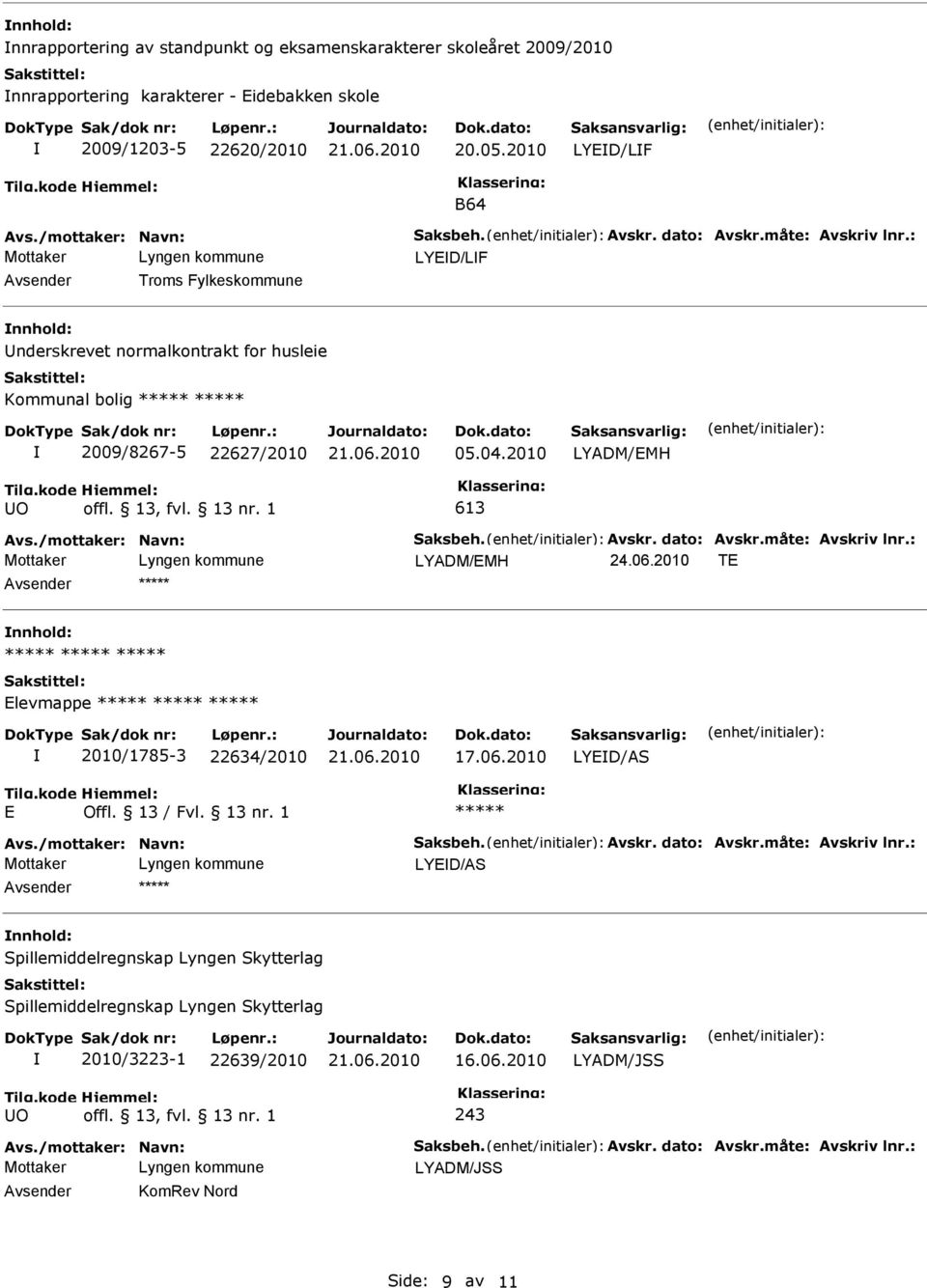 2010 LYD/LF B64 LYD/LF Avsender Troms Fylkeskommune nnhold: Underskrevet normalkontrakt for husleie Kommunal bolig 2009/8267-5 22627/2010