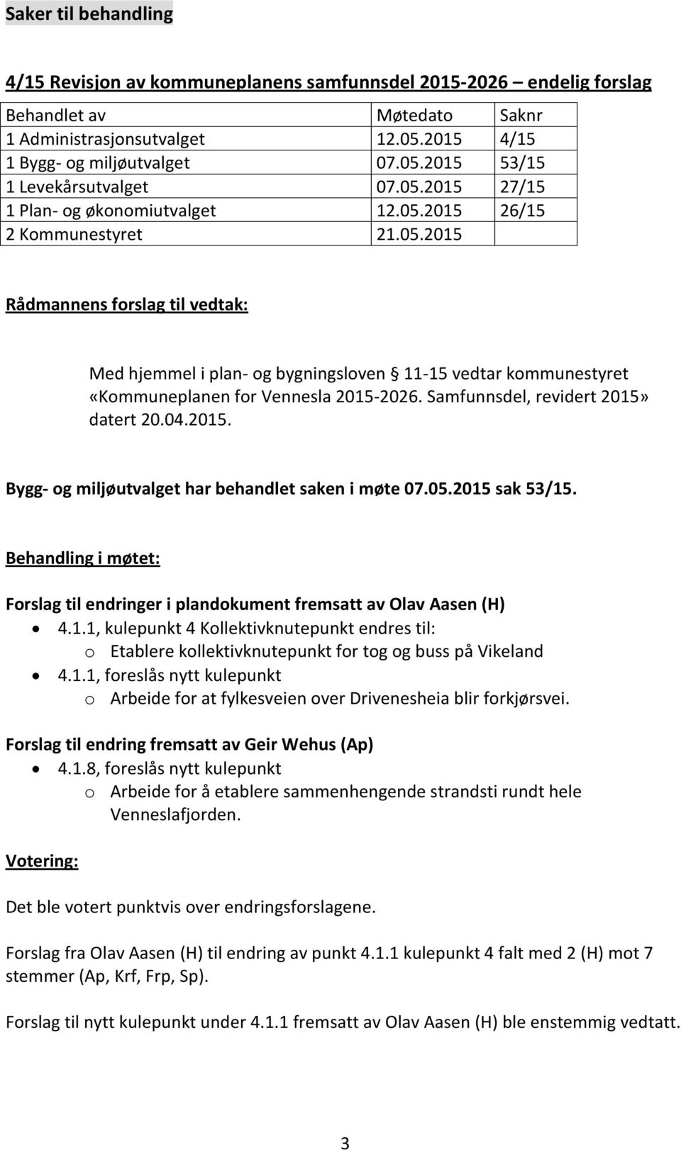 Samfunnsdel, revidert 2015» datert 20.04.2015. Bygg- og miljøutvalget har behandlet saken i møte 07.05.2015 sak 53/15.