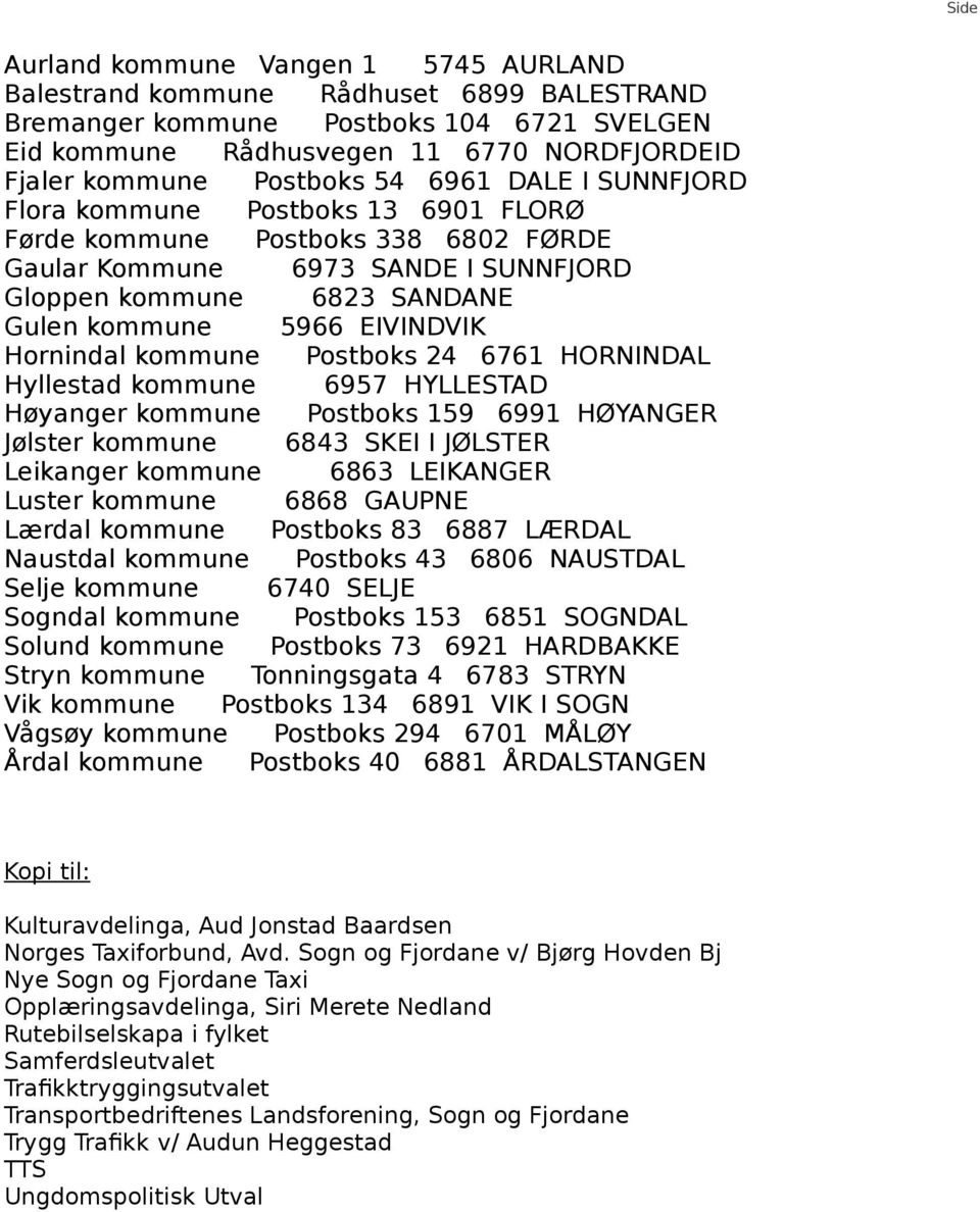 Hornindal kommune Postboks 24 6761 HORNINDAL Hyllestad kommune 6957 HYLLESTAD Høyanger kommune Postboks 159 6991 HØYANGER Jølster kommune 6843 SKEI I JØLSTER Leikanger kommune 6863 LEIKANGER Luster