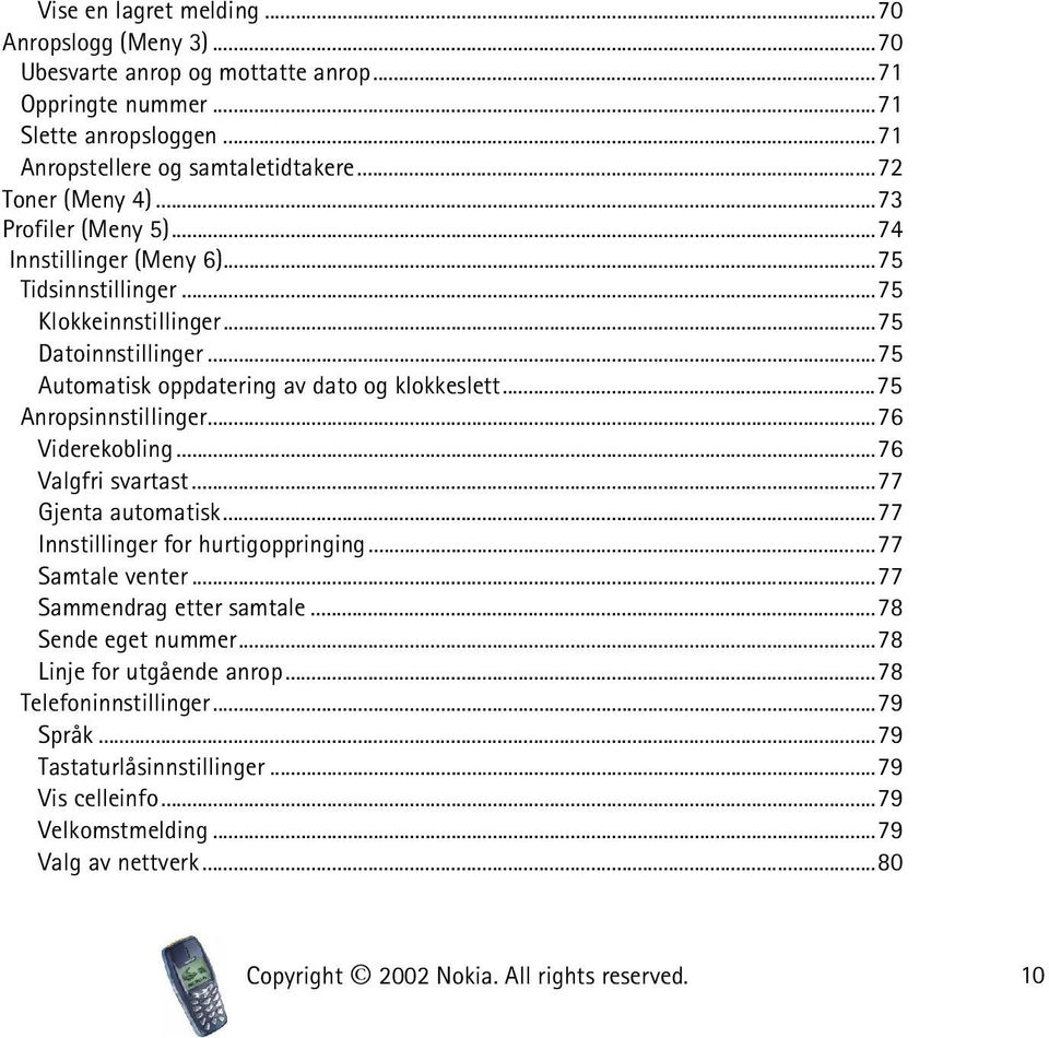 ..75 Anropsinnstillinger...76 Viderekobling...76 Valgfri svartast...77 Gjenta automatisk...77 Innstillinger for hurtigoppringing...77 Samtale venter...77 Sammendrag etter samtale.