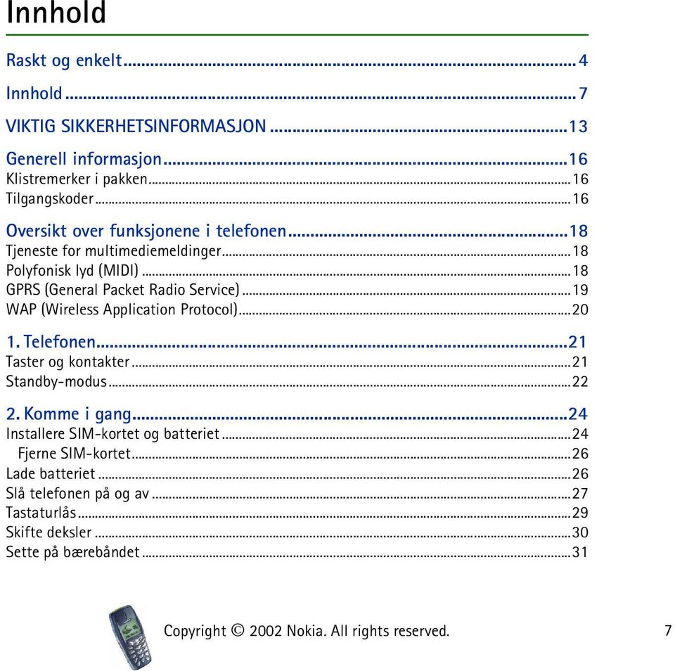 ..19 WAP (Wireless Application Protocol)...20 1. Telefonen...21 Taster og kontakter...21 Standby-modus...22 2. Komme i gang.