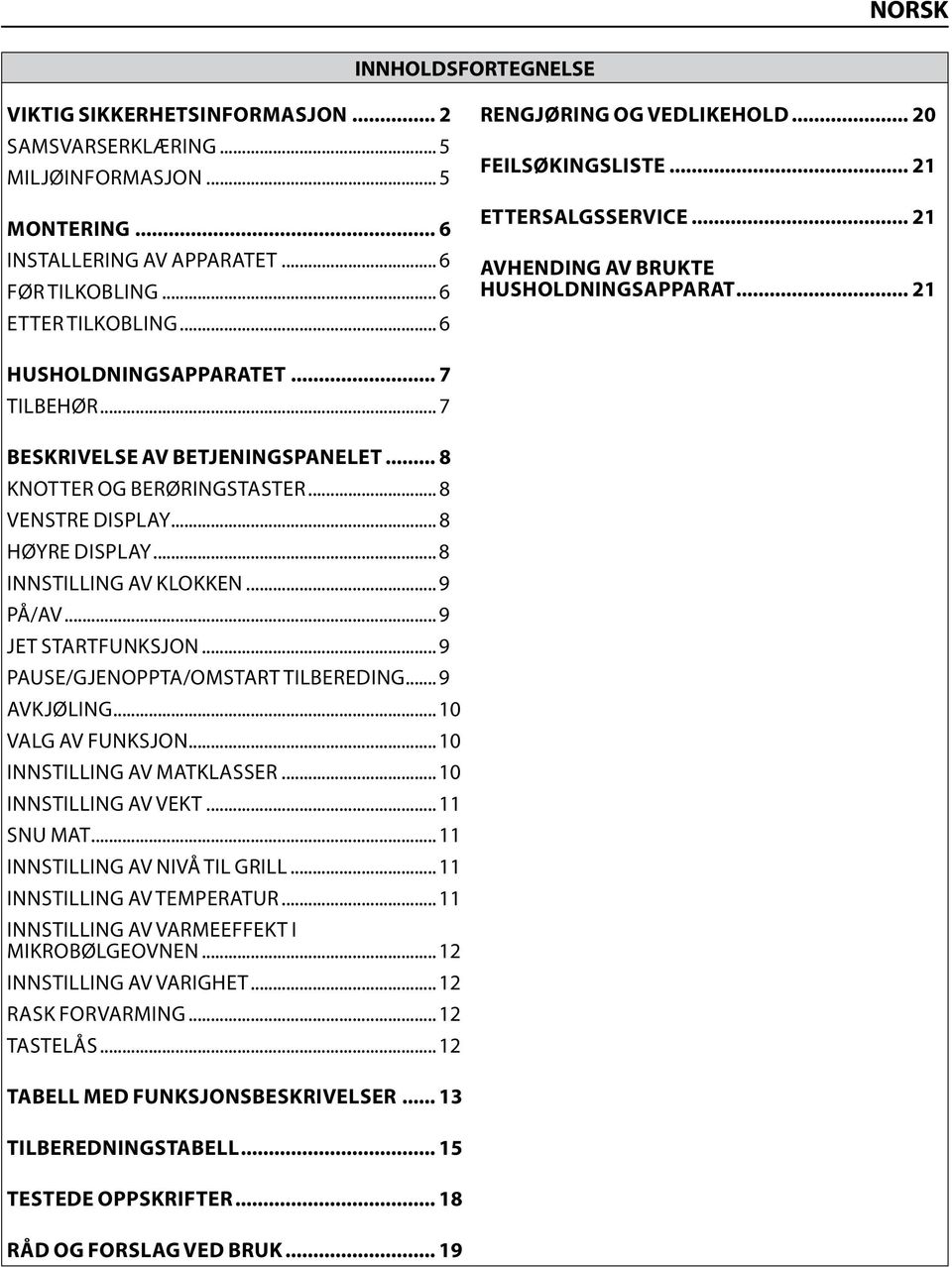 .. 7 BESKRIVELSE AV BETJENINGSPANELET... 8 KNOTTER OG BERØRINGSTASTER... 8 VENSTRE DISPLAY... 8 HØYRE DISPLAY... 8 INNSTILLING AV KLOKKEN... 9 PÅ/AV... 9 JET STARTFUNKSJON.