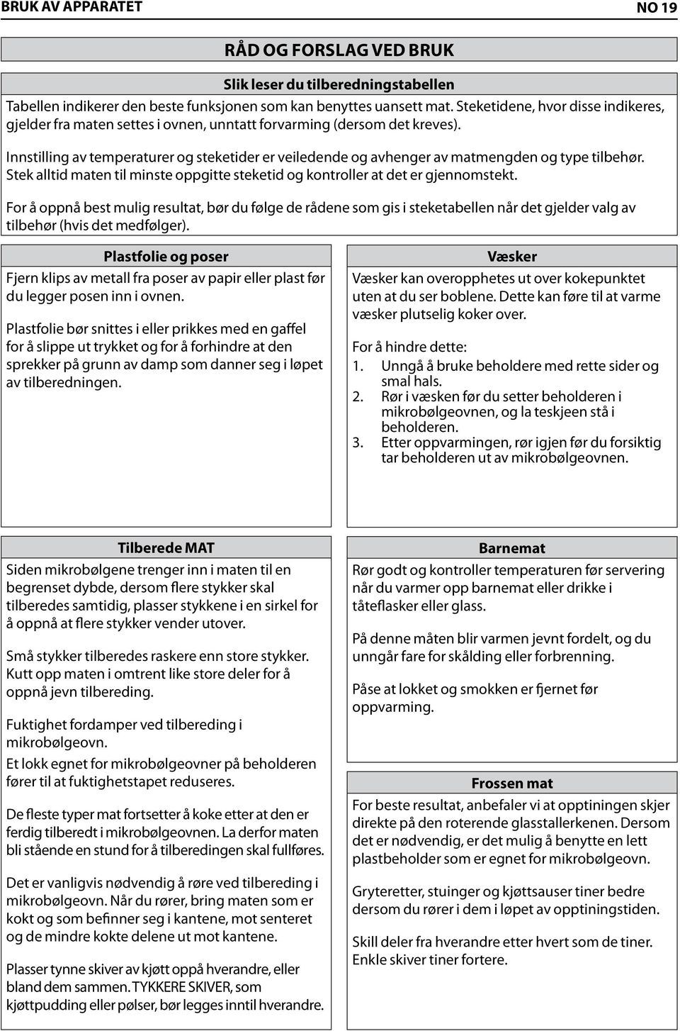 Innstilling av temperaturer og steketider er veiledende og avhenger av matmengden og type tilbehør. Stek alltid maten til minste oppgitte steketid og kontroller at det er gjennomstekt.