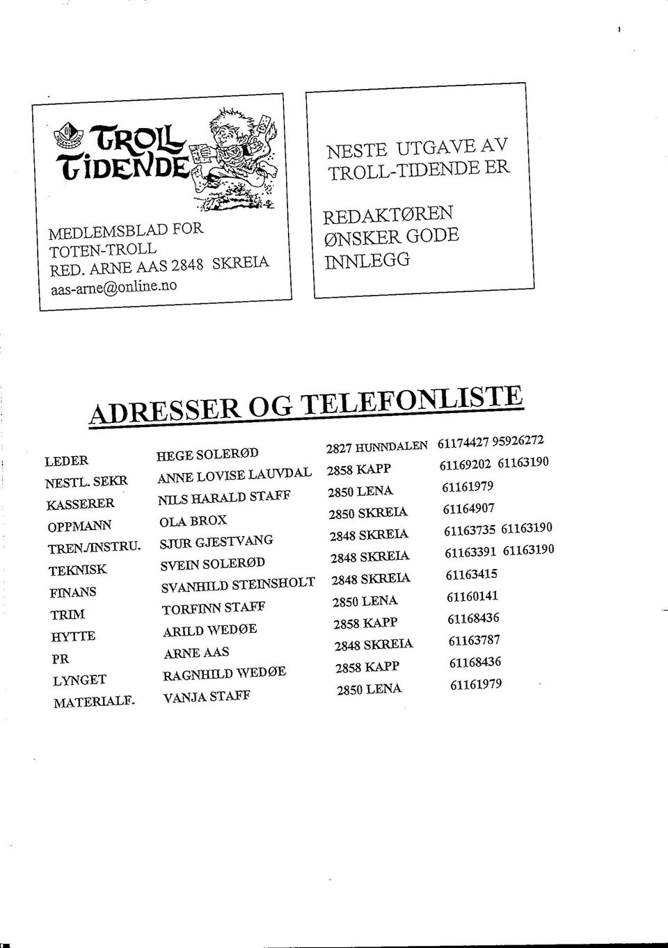 SEKR ANNE LOVISE LAUVDAL 2858 KAPP 61169202 61163190 KASSERER NILS HARALD STAFF 2850 LENA 61161979 OPPMANN OLABROX 2850 SKREIA 61164907 TRENVmSTRU.