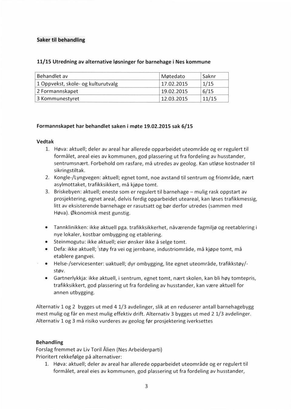 Høva: aktuell; deler av areal har allerede opparbeidet uteområde og er regulert til formålet, areal eies av kommunen, god plassering ut fra fordeling av husstander, sentrumsnært.