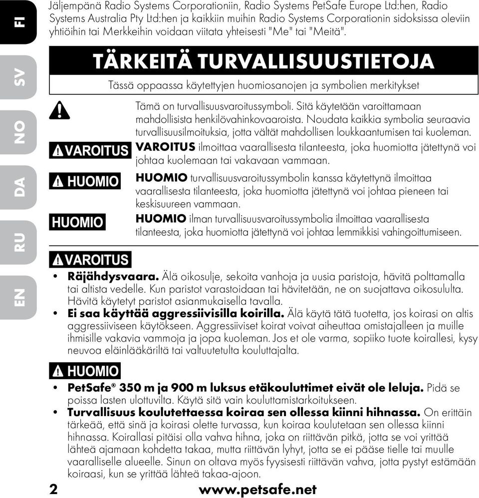 TÄRKEITÄ TURVALLISUUSTIETOJA Tässä oppaassa käytettyjen huomiosanojen ja symbolien merkitykset Tämä on turvallisuusvaroitussymboli. Sitä käytetään varoittamaan mahdollisista henkilövahinkovaaroista.