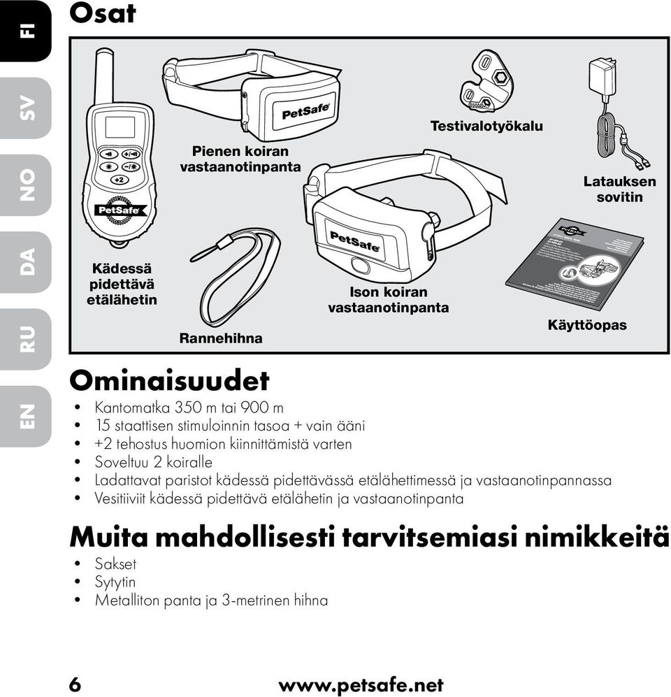 kiinnittämistä varten Soveltuu 2 koiralle Ladattavat paristot kädessä pidettävässä etälähettimessä ja vastaanotinpannassa Vesitiiviit kädessä