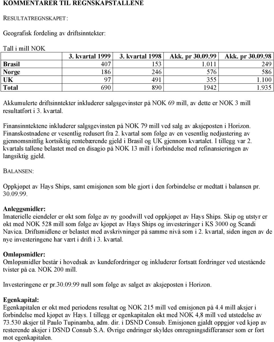 Finansinntektene inkluderer salgsgevinsten på NOK 79 mill ved salg av aksjeposten i Horizon. Finanskostnadene er vesentlig redusert fra 2.