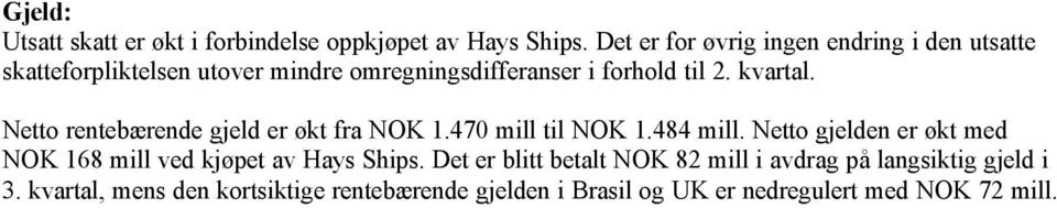 kvartal. Netto rentebærende gjeld er økt fra NOK 1.470 mill til NOK 1.