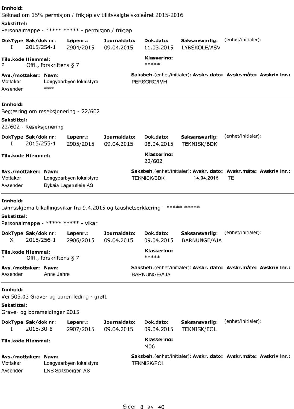 4.2015 og taushetserklæring - Personalmappe - - vikar 2015/256-1 2906/2015 BRNNGE/J P Offl., forskriftens 7 vs./mottaker: Navn: Saksbeh. vskr. dato: vskr.måte: vskriv lnr.