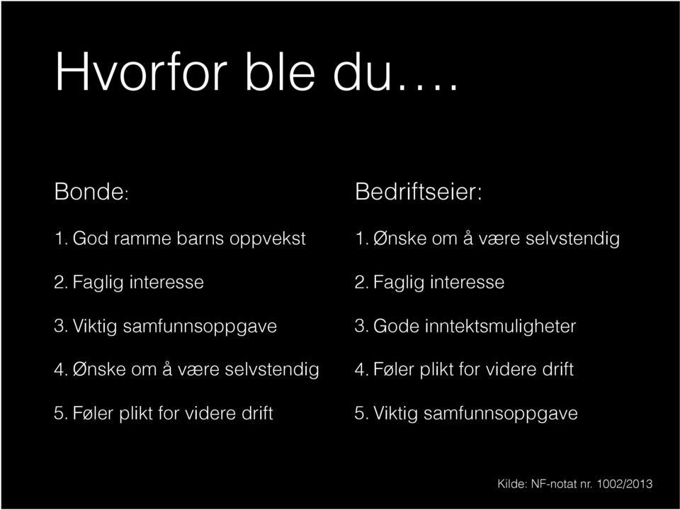 Føler plikt for videre drift Bedriftseier: 1. Ønske om å være selvstendig 2.