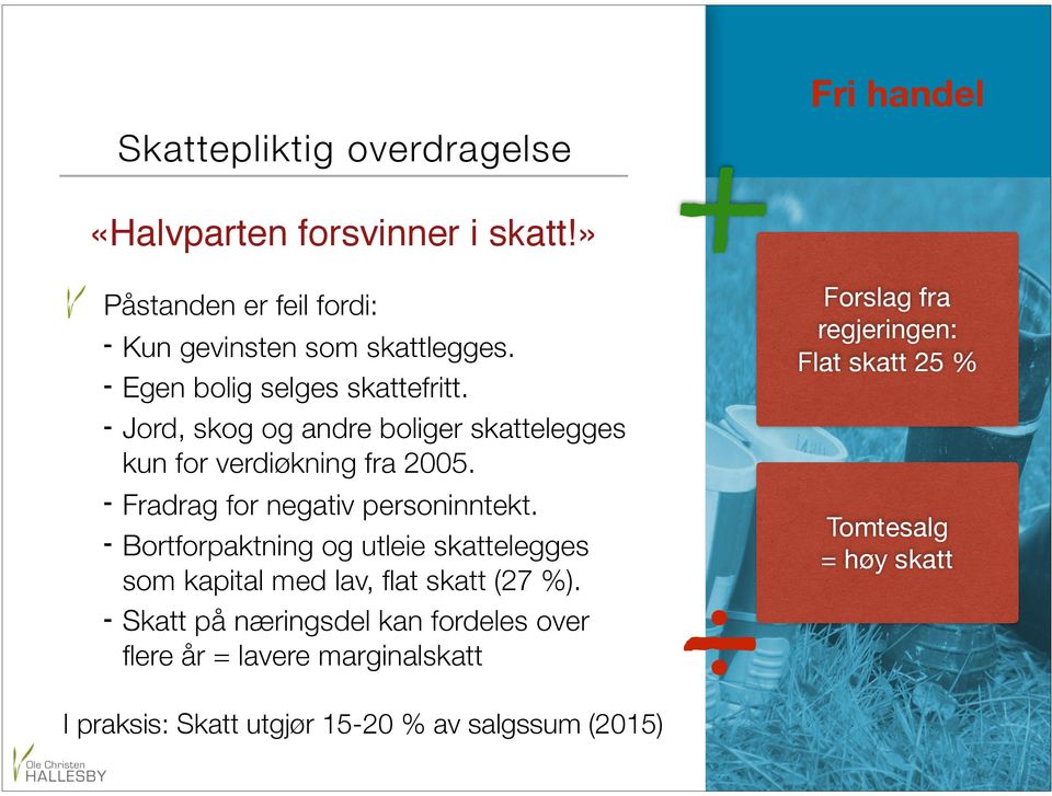 - Fradrag for negativ personinntekt. - Bortforpaktning og utleie skattelegges som kapital med lav, flat skatt (27 %).