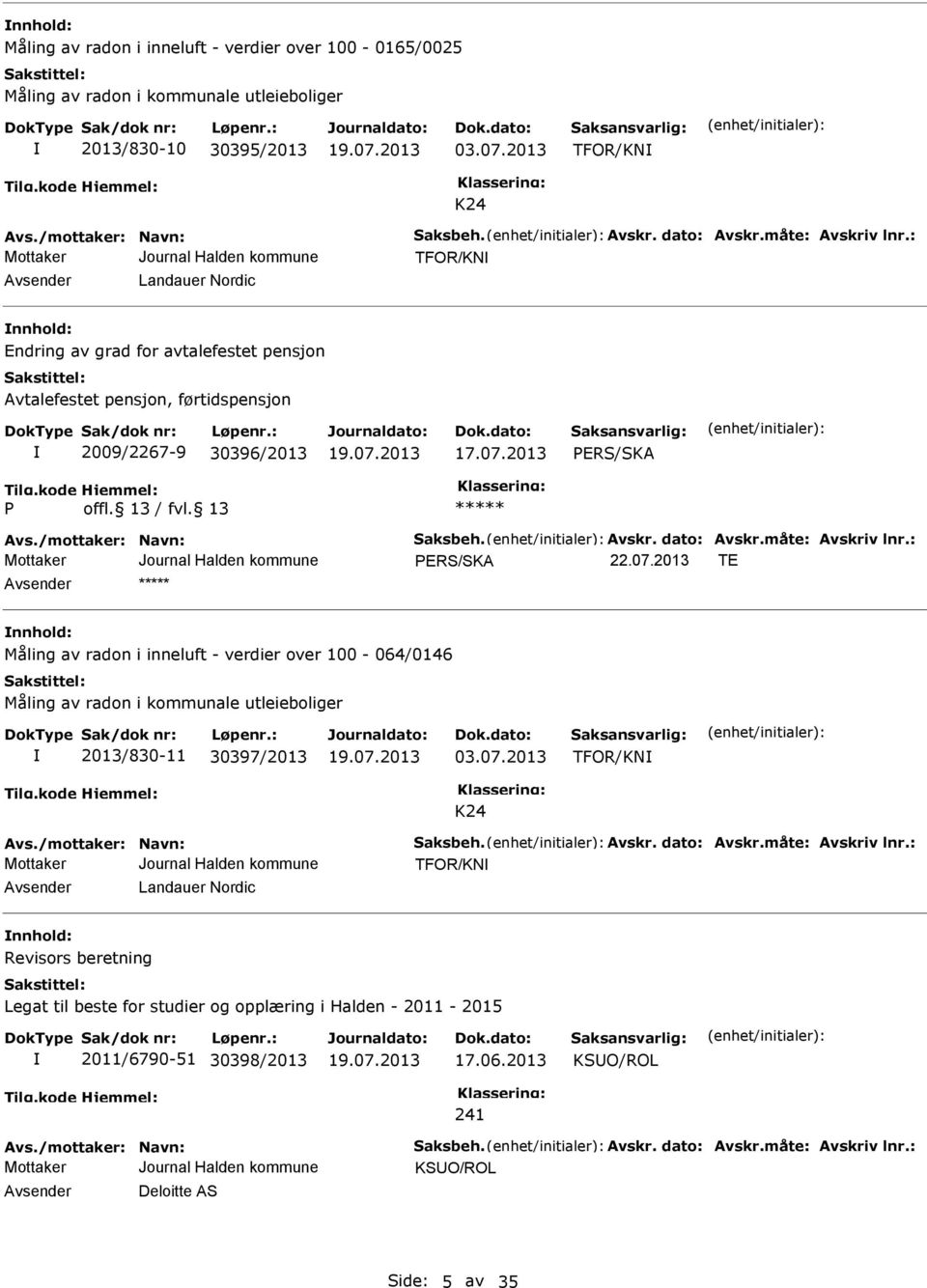 2013 ER/KA ER/KA TE nnhold: Måling av radon i inneluft - verdier over 100-064/0146 Måling av radon i kommunale utleieboliger 2013/830-11 30397/2013 03.07.