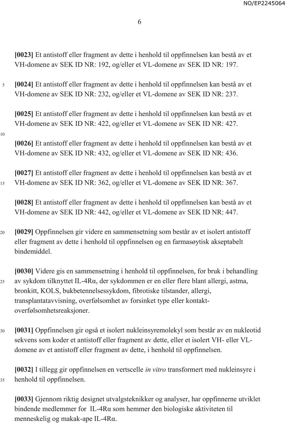 [002] Et antistoff eller fragment av dette i henhold til oppfinnelsen kan bestå av et VH-domene av SEK ID NR: 422, og/eller et VL-domene av SEK ID NR: 427.