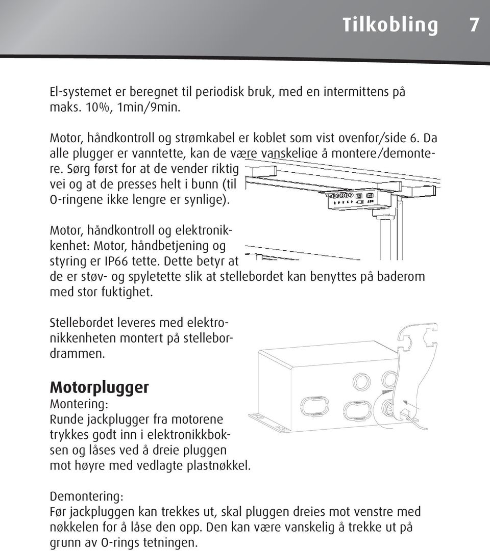 Motor, håndkontroll og elektronikkenhet: Motor, håndbetjening og styring er IP66 tette. Dette betyr at de er støv- og spyletette slik at stellebordet kan benyttes på baderom med stor fuktighet.