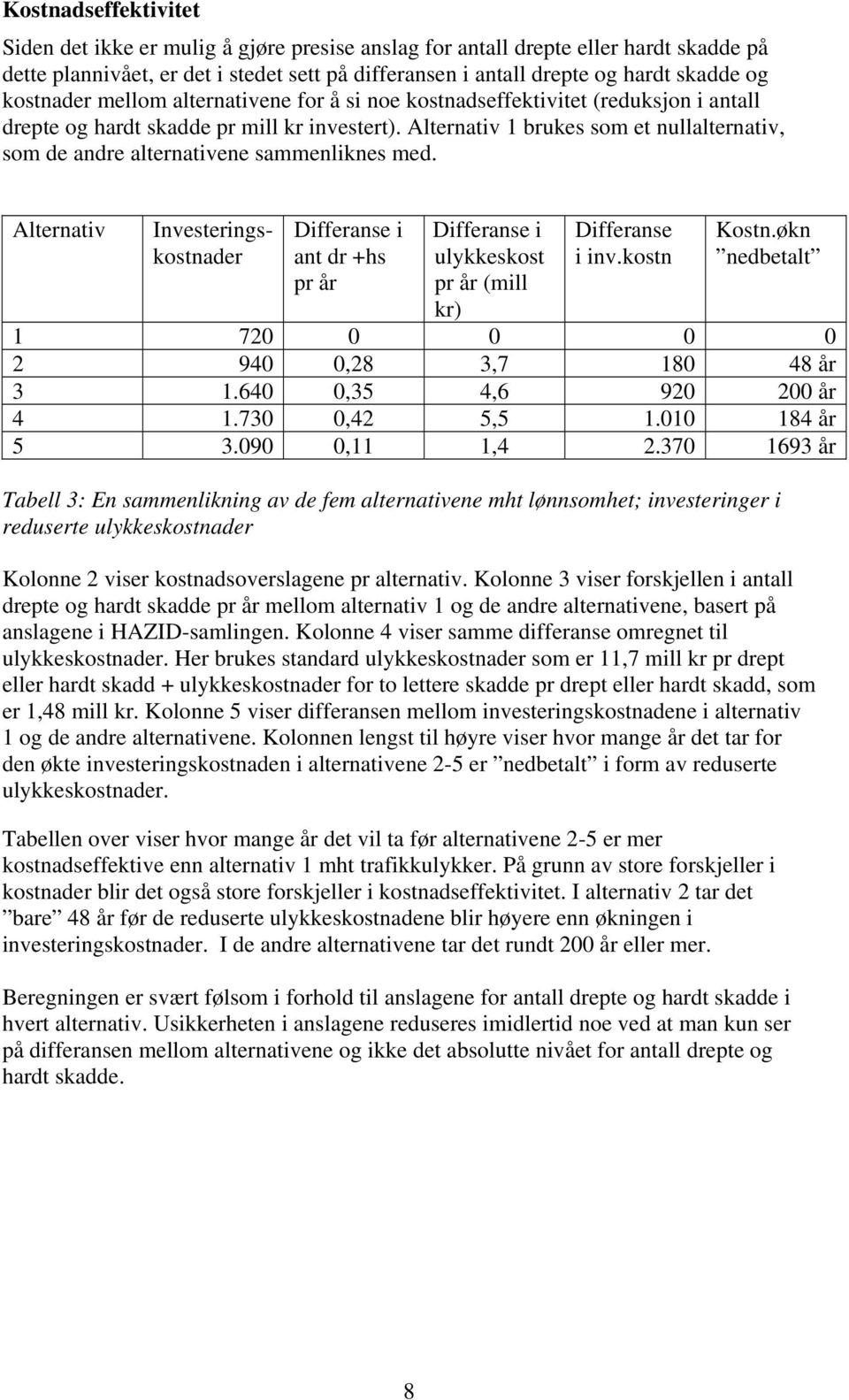 Alternativ 1 brukes som et nullalternativ, som de andre alternativene sammenliknes med.