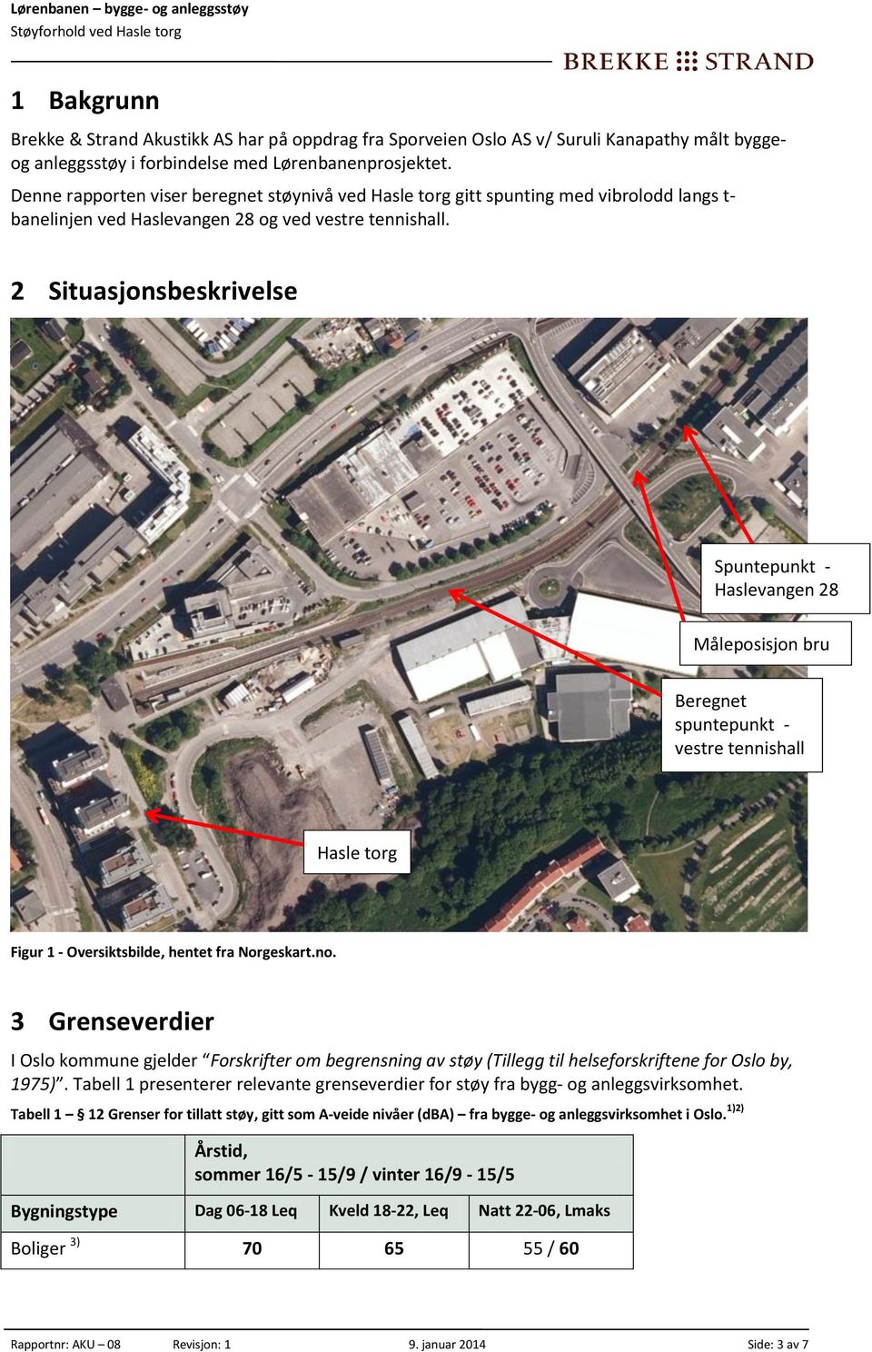 2 Situasjonsbeskrivelse Spuntepunkt - Haslevangen 28 Måleposisjon bru Beregnet spuntepunkt - vestre tennishall Hasle torg Figur 1 - Oversiktsbilde, hentet fra Norgeskart.no.