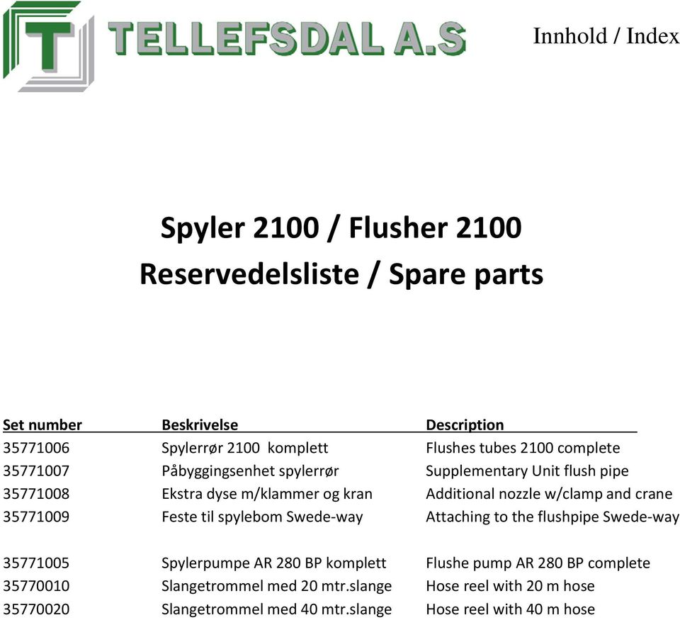 nozzle w/clamp and crane 35771009 Feste til spylebom Swede-way Attaching to the flushpipe Swede-way 35771005 Spylerpumpe AR 280 BP komplett Flushe