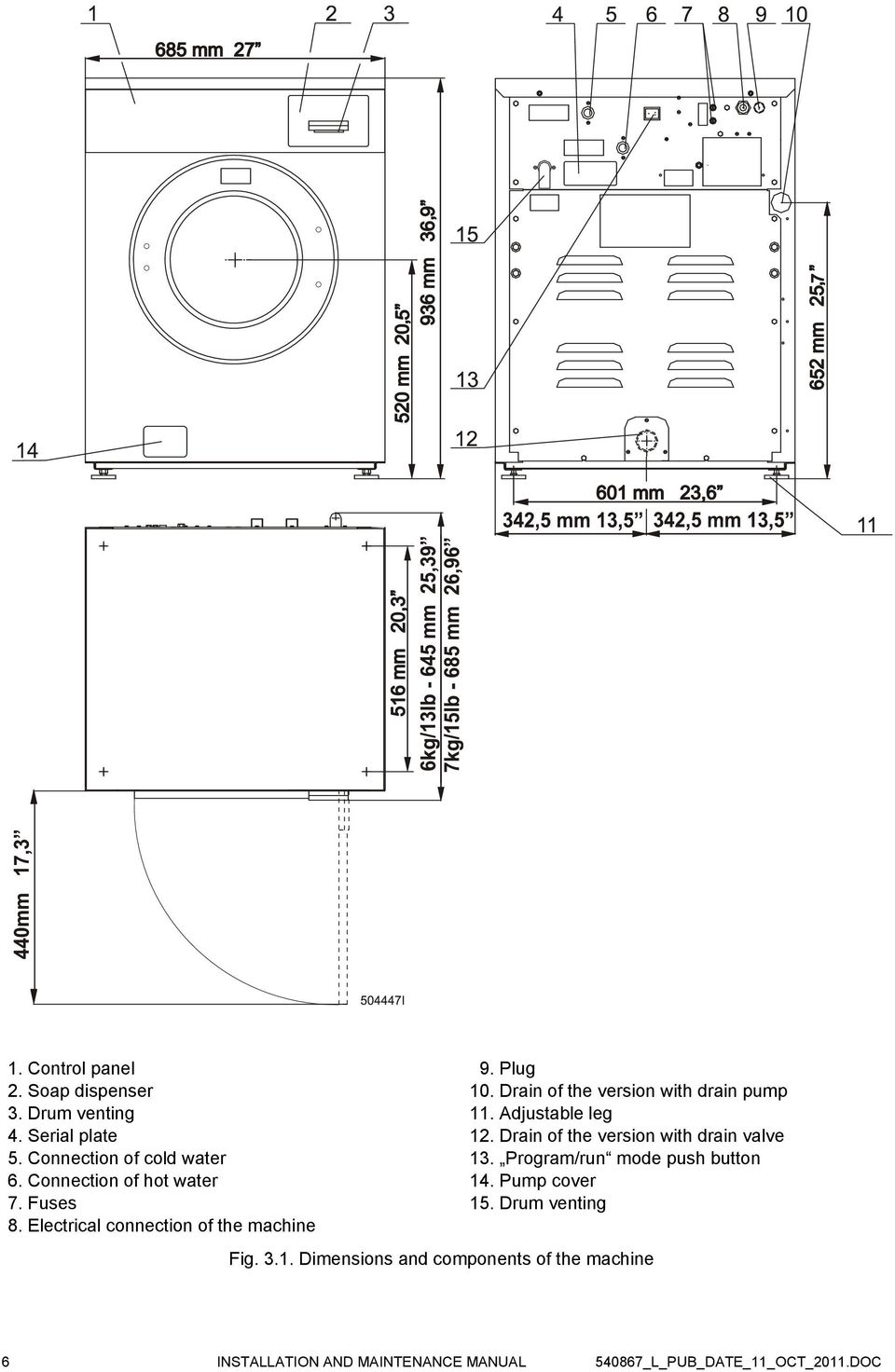 Drain of the version with drain pump 11. Adjustable leg 12. Drain of the version with drain valve 13.