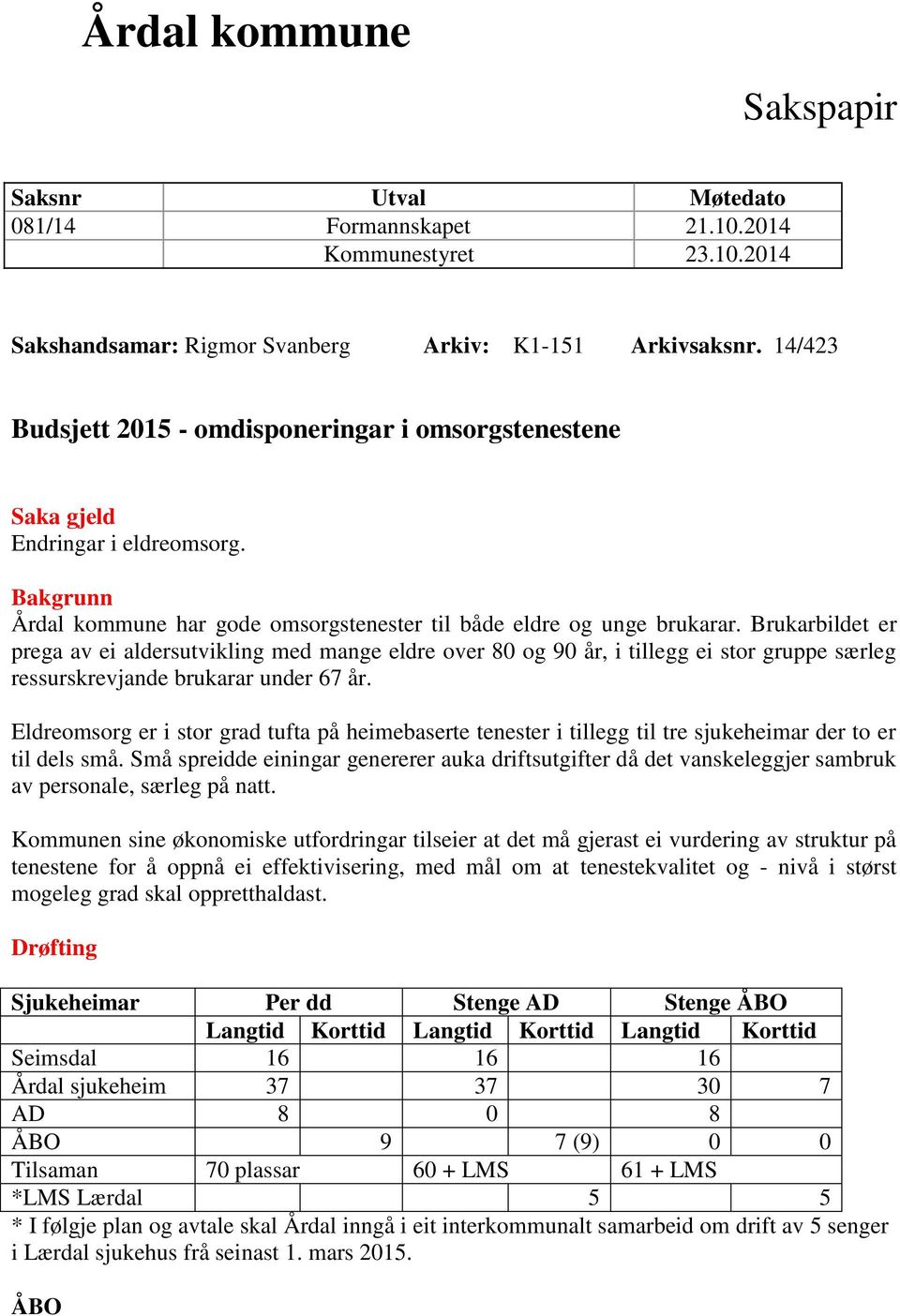 Brukarbildet er prega av ei aldersutvikling med mange eldre over 80 og 90 år, i tillegg ei stor gruppe særleg ressurskrevjande brukarar under 67 år.