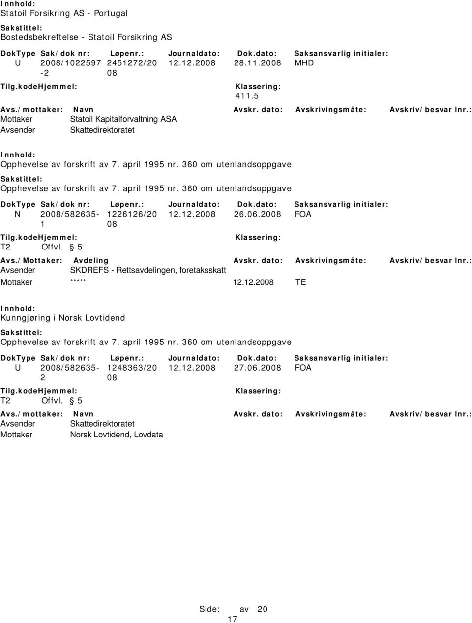 april 1995 nr. 360 om utenlandsoppgave N 2008/582635-1226126/20 12.12.2008 26.06.2008 FOA T2 Offvl. 5 Avsender SKDREFS - Rettsavdelingen, foretaksskatt 12.12.2008 TE Kunngjøring i Norsk Lovtidend Opphevelse av forskrift av 7.