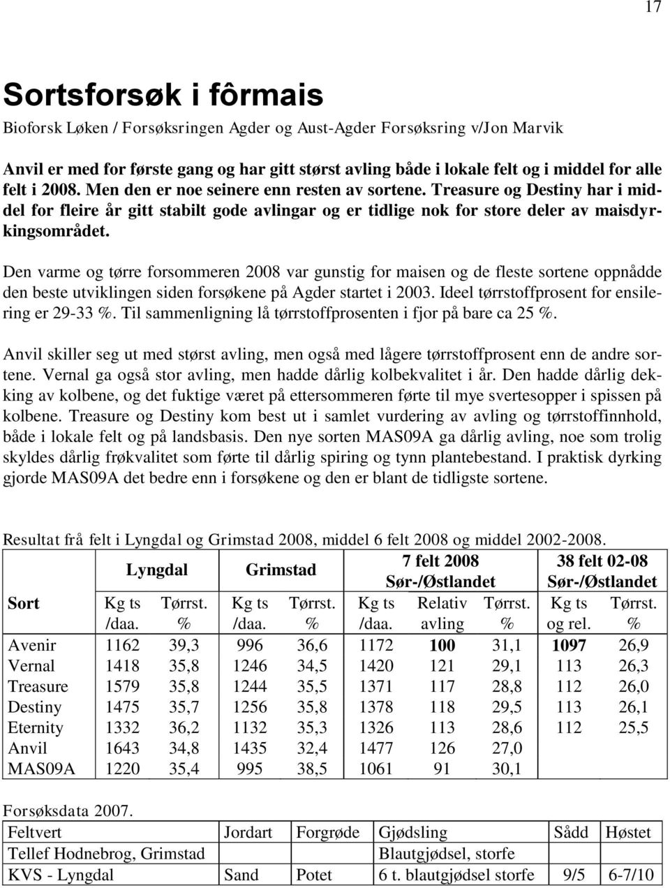 Den varme og tørre forsommeren 2008 var gunstig for maisen og de fleste sortene oppnådde den beste utviklingen siden forsøkene på Agder startet i 2003.