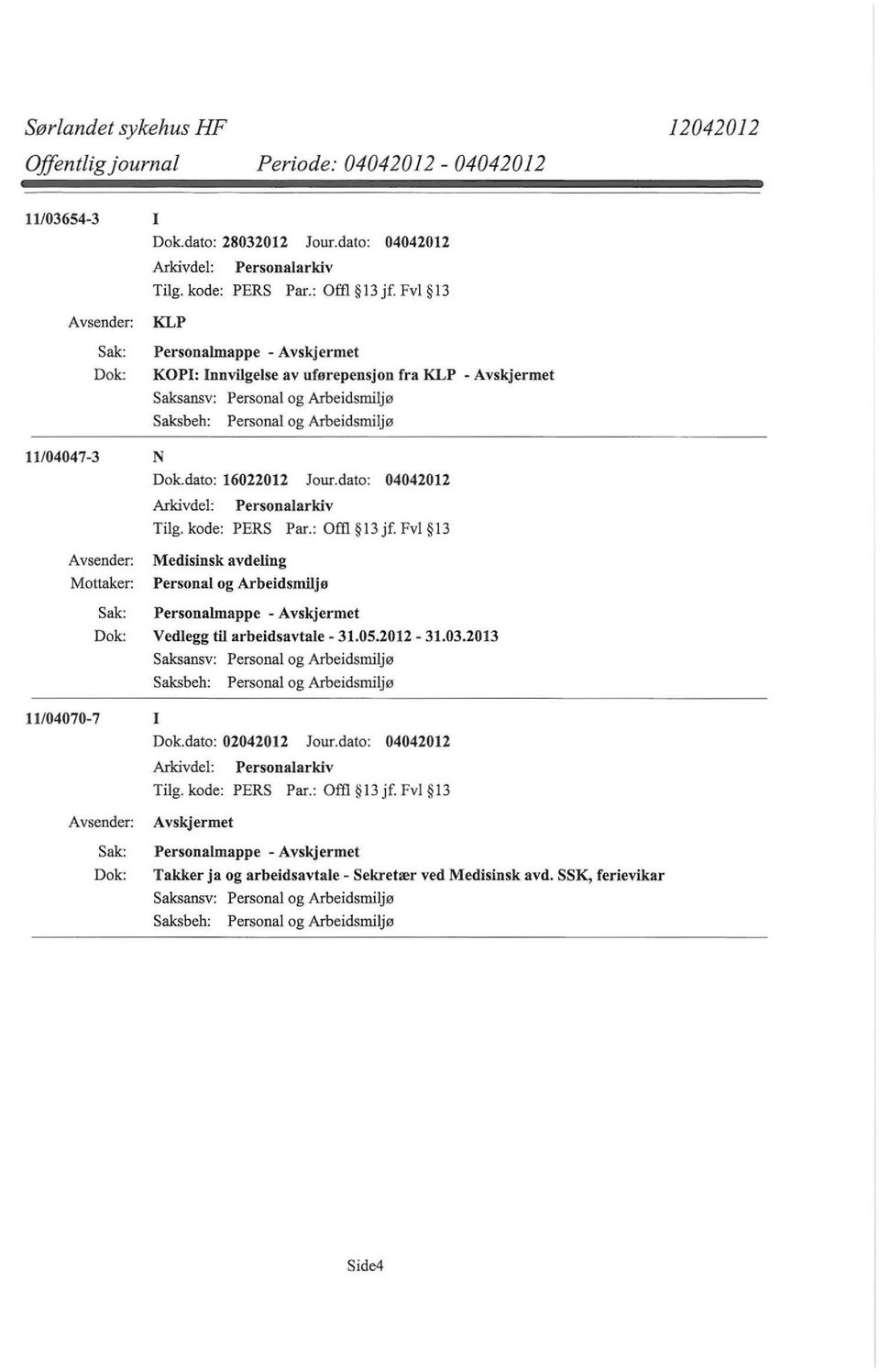 dato: 04042012 Mottaker: Medisinsk avdeling Personal og Arbeidsmiljø Vedlegg til arbeidsavtale- 31.05.