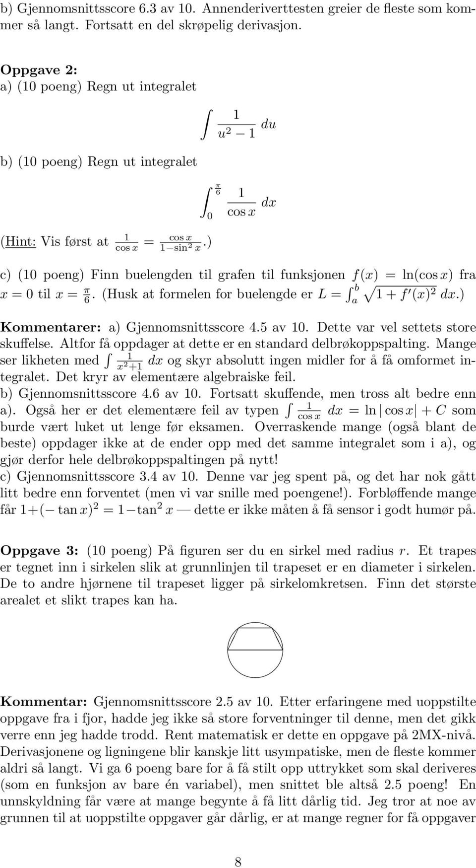 ) 0 u du cos x dx c) (0 poeng) Finn buelengden til grafen til funksjonen f(x) = ln(cos x) fra x = 0 til x = π 6. (Husk at formelen for buelengde er L = b a + f (x) dx.