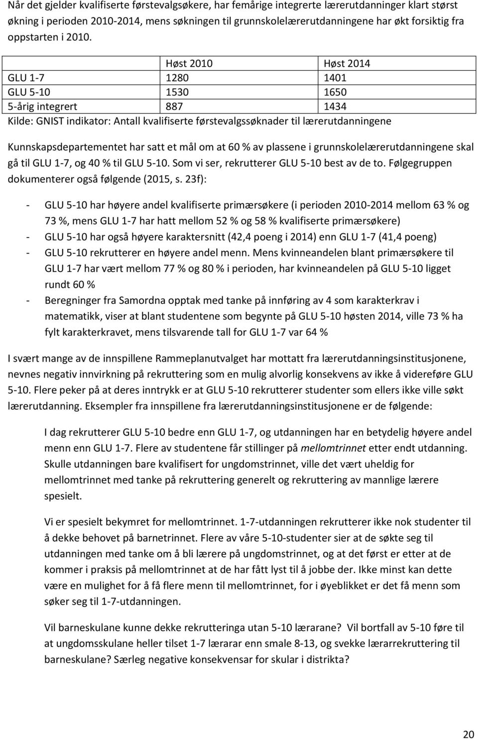 Høst 2010 Høst 2014 GLU 1-7 1280 1401 GLU 5-10 1530 1650 5-årig integrert 887 1434 Kilde: GNIST indikator: Antall kvalifiserte førstevalgssøknader til lærerutdanningene Kunnskapsdepartementet har