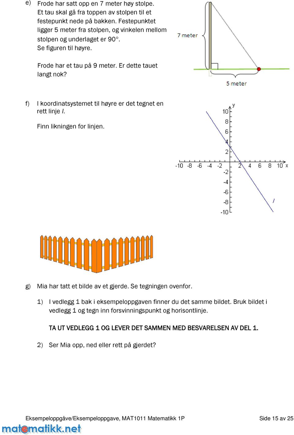 f) I koordinatsystemet til høyre er det tegnet en rett linje l. Finn likningen for linjen. g) Miahartattetbildeavetgjerde.Setegningenovenfor.