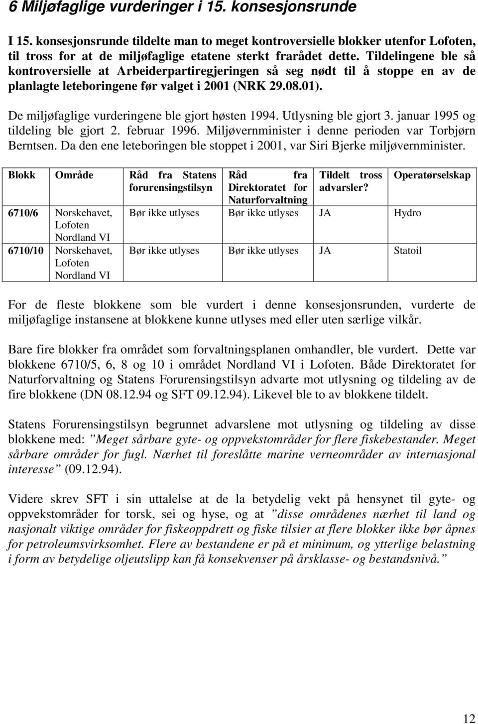 De miljøfaglige vurderingene ble gjort høsten 1994. Utlysning ble gjort 3. januar 1995 og tildeling ble gjort 2. februar 1996. Miljøvernminister i denne perioden var Torbjørn Berntsen.