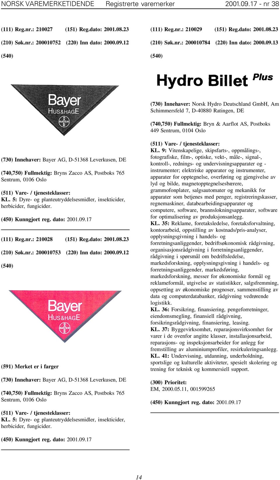 13 (730) Innehaver: Norsk Hydro Deutschland GmbH, Am Schimmersfeld 7, D-40880 Ratingen, DE (740,750) Fullmektig: Bryn & Aarflot AS, Postboks 449 Sentrum, 0104 Oslo (730) Innehaver: Bayer AG, D-51368
