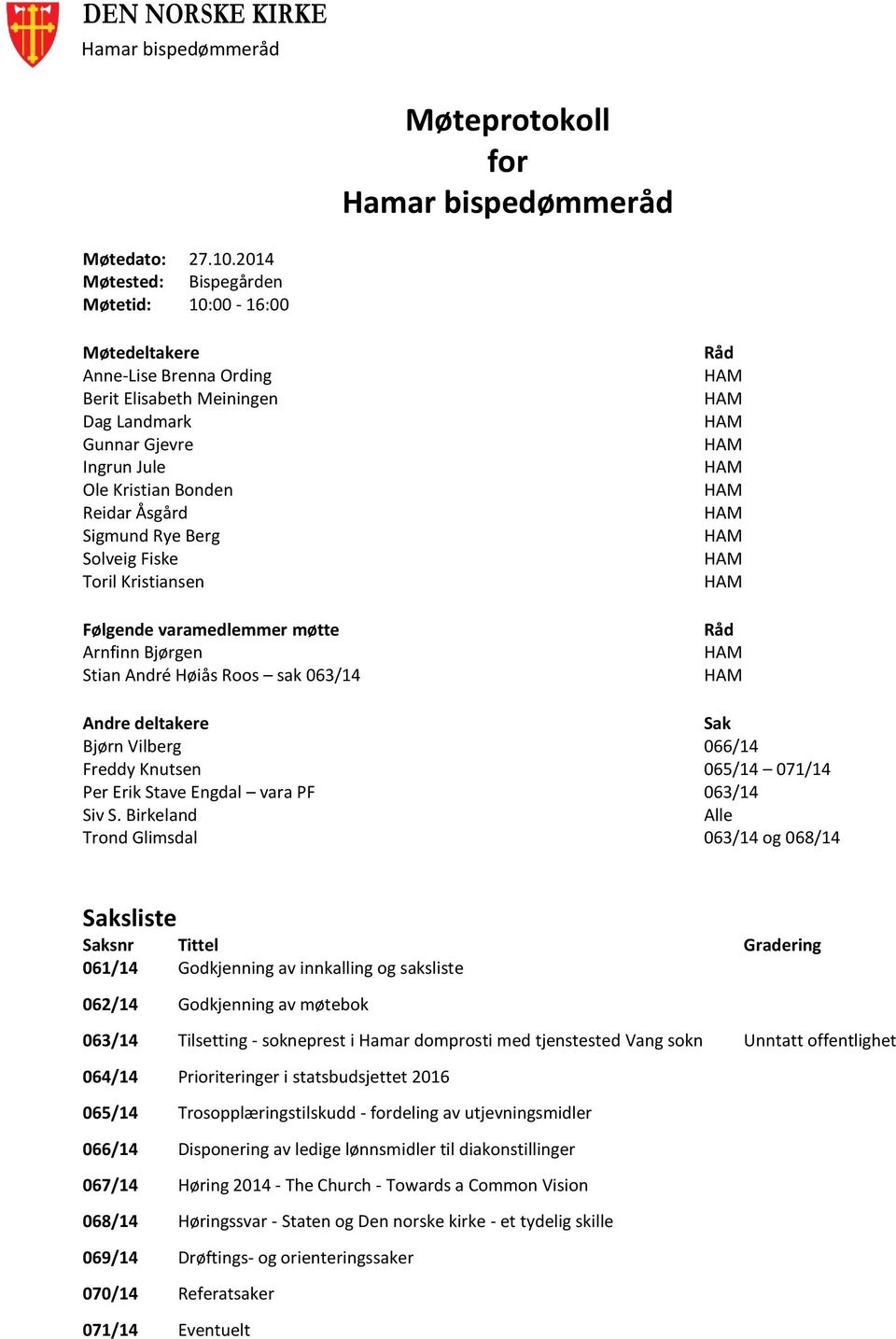 Berg Solveig Fiske Toril Kristiansen Følgende varamedlemmer møtte Arnfinn Bjørgen Stian André Høiås Roos sak 063/14 Råd Råd Andre deltakere Sak Bjørn Vilberg 066/14 Freddy Knutsen 065/14 071/14 Per