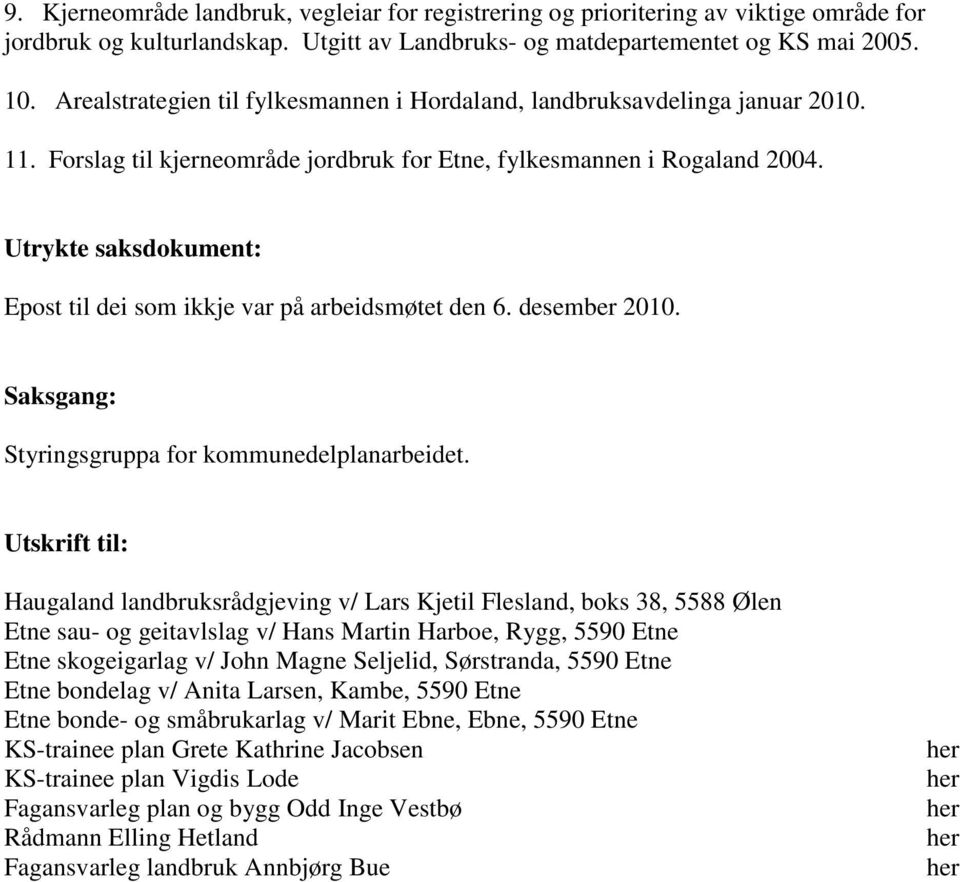 Utrykte saksdokument: Epost til dei som ikkje var på arbeidsmøtet den 6. desember 2010. Saksgang: Styringsgruppa for kommunedelplanarbeidet.