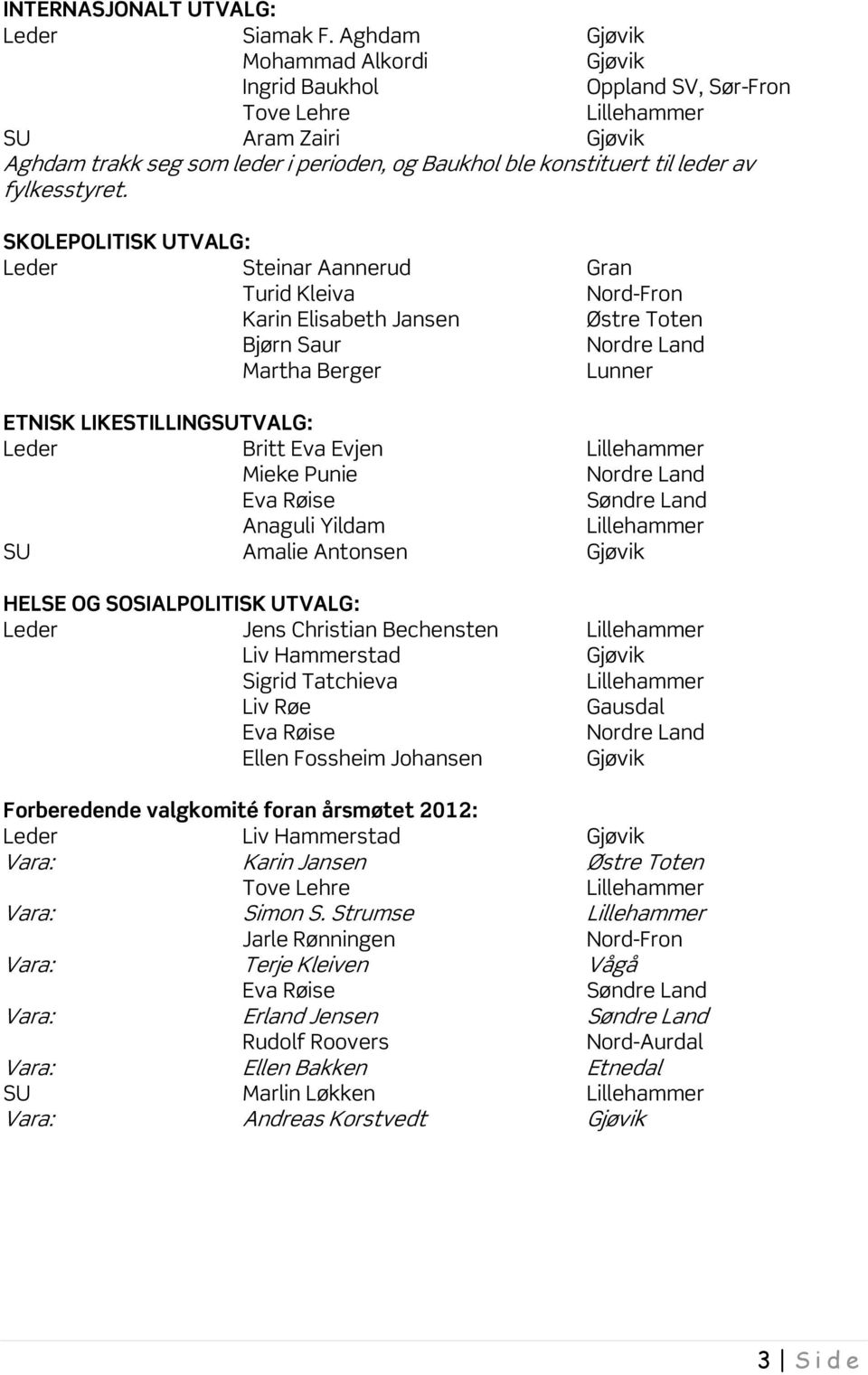 SKOLEPOLITISK UTVALG: Leder Steinar Aannerud Gran Turid Kleiva Nord-Fron Karin Elisabeth Jansen Østre Toten Bjørn Saur Martha Berger Lunner ETNISK LIKESTILLINGSUTVALG: Leder Britt Eva Evjen Mieke