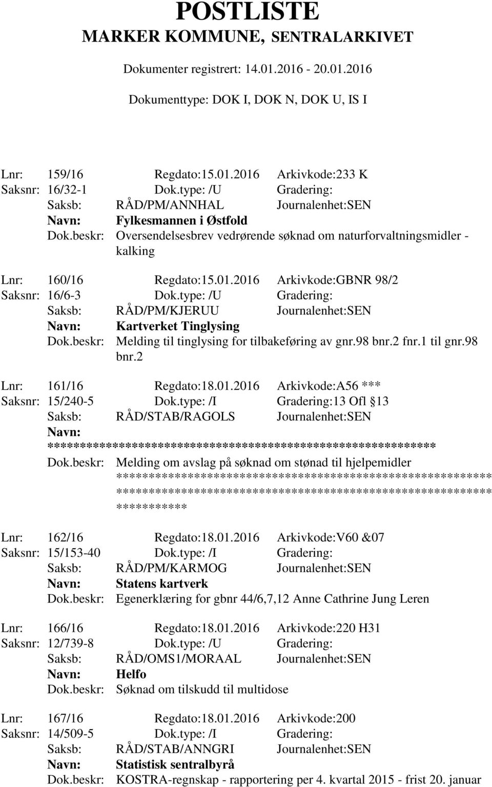 type: /U Gradering: Saksb: RÅD/PM/KJERUU Journalenhet:SEN Kartverket Tinglysing Dok.beskr: Melding til tinglysing for tilbakeføring av gnr.98 bnr.2 fnr.1 til gnr.98 bnr.2 Lnr: 161/16 Regdato:18.01.