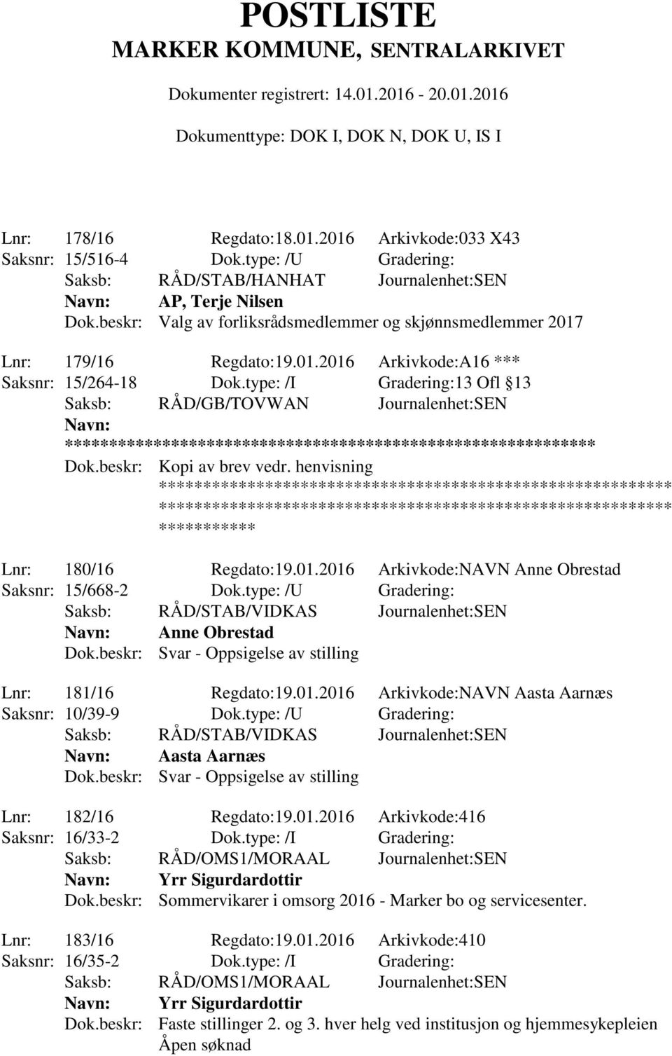 type: /I Gradering:13 Ofl 13 Saksb: RÅD/GB/TOVWAN Journalenhet:SEN ** Dok.beskr: Kopi av brev vedr. henvisning Lnr: 180/16 Regdato:19.01.2016 Arkivkode:NAVN Anne Obrestad Saksnr: 15/668-2 Dok.