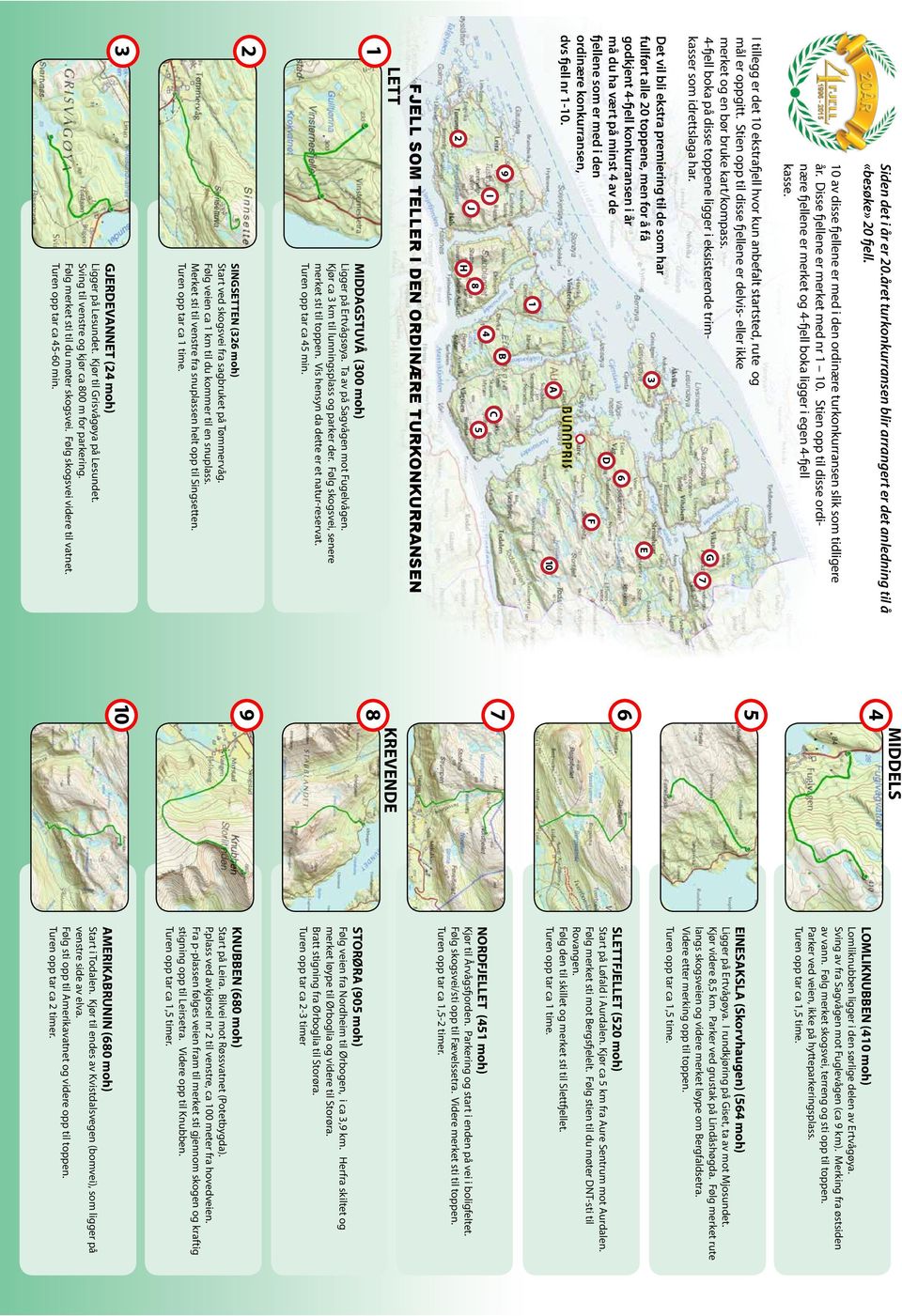 I tillegg er det 10 ekstrafjell hvor kun anbefalt startsted, rute og mål er oppgitt. Stien opp til disse fjellene er delvis- eller ikke merket og en bør bruke kart/kompass.