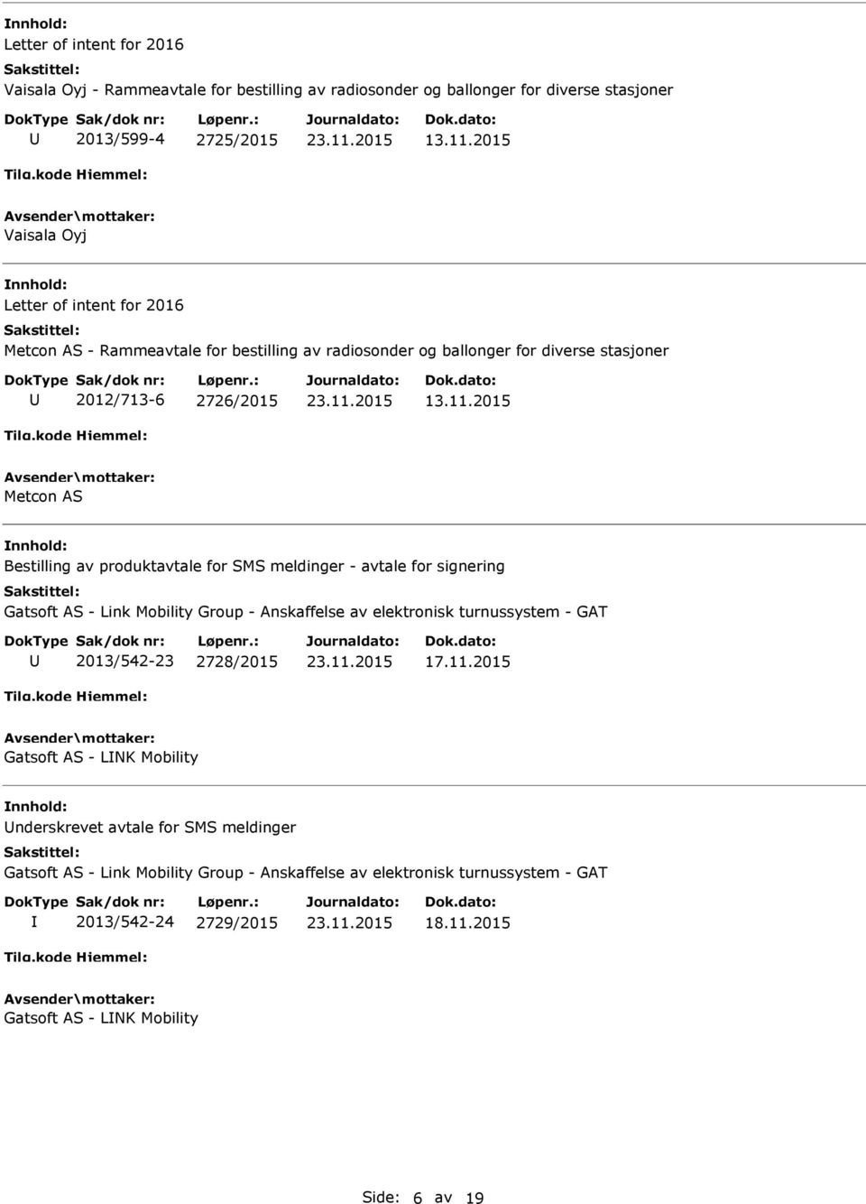 2015 Metcon AS Bestilling av produktavtale for SMS meldinger - avtale for signering Gatsoft AS - Link Mobility Group - Anskaffelse av elektronisk turnussystem - GAT 2013/542-23