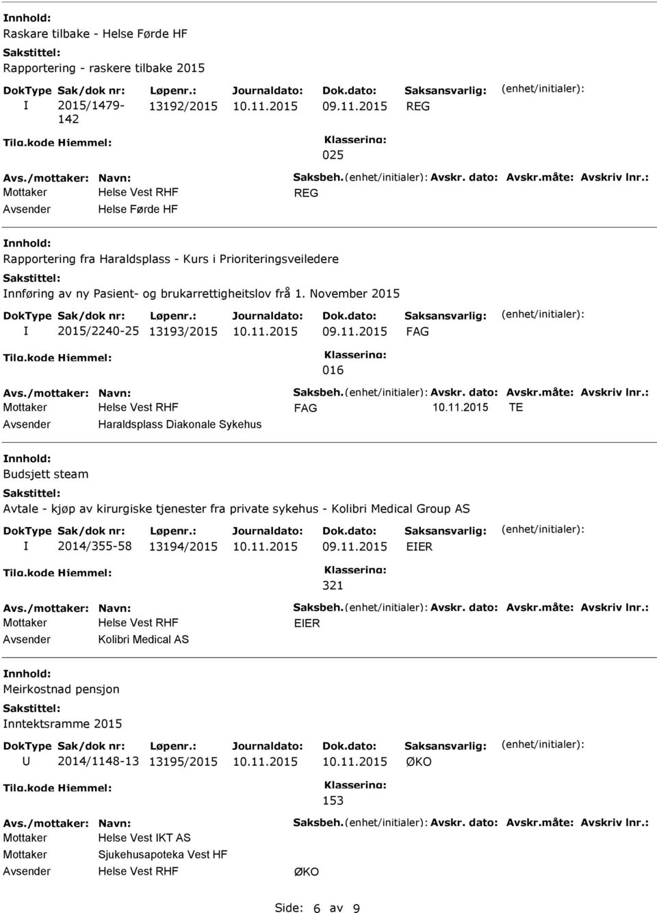 November 2015 2015/2240-25 13193/2015 09.11.2015 016 Avs./mottaker: Navn: Saksbeh. Avskr. dato: Avskr.måte: Avskriv lnr.