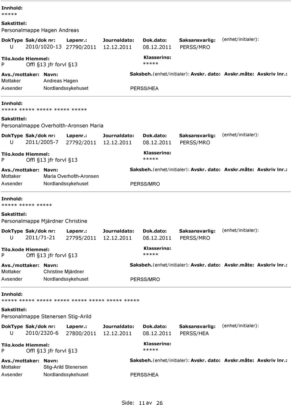 : Mottaker Maria Overholth-Aronsen ERSS/MRO ersonalmappe Mjärdner Christine 2011/71-21 27795/2011 ERSS/MRO Avs./mottaker: Navn: Saksbeh. Avskr. dato: Avskr.måte: Avskriv lnr.