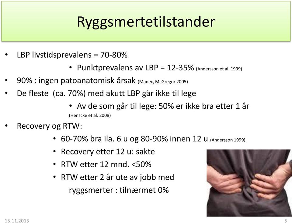 70%) med akutt LBP går ikke til lege (Henscke et al.