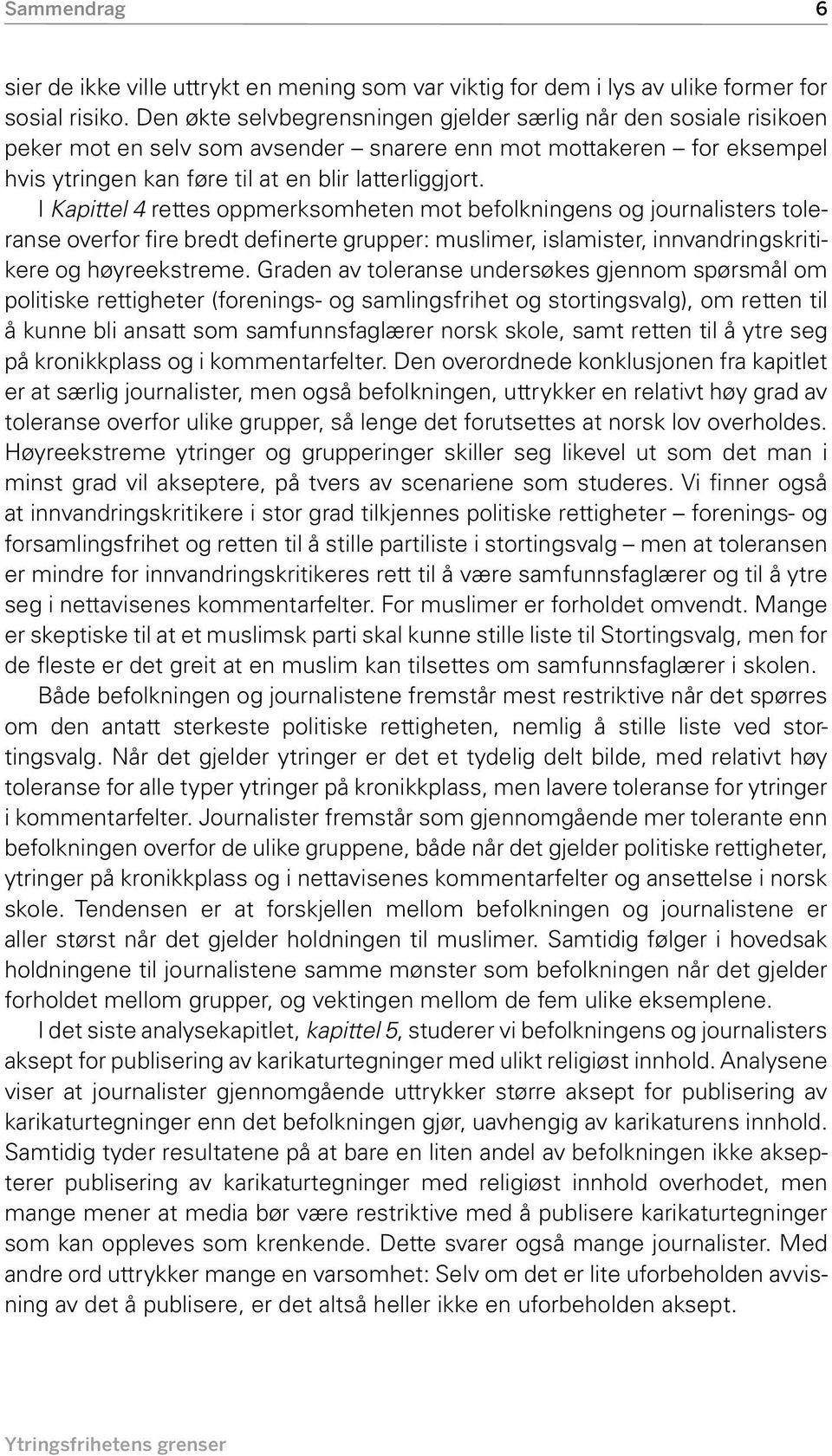 I Kapittel 4 rettes oppmerksomheten mot befolkningens og journalisters toleranse overfor fire bredt definerte grupper: muslimer, islamister, innvandringskritikere og høyreekstreme.