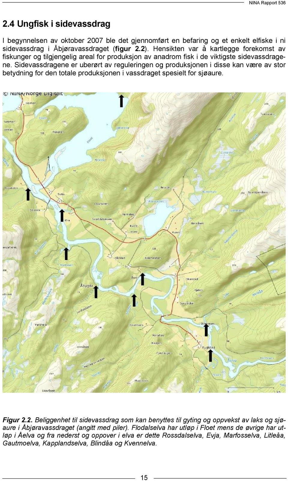 Sidevassdragene er uberørt av reguleringen og produksjonen i disse kan være av stor betydning for den totale produksjonen i vassdraget spesielt for sjøaure. Figur 2.