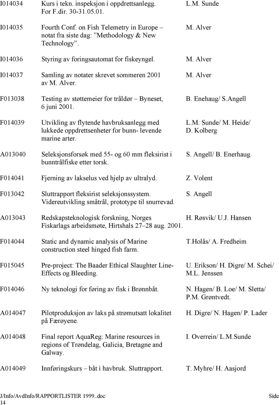 Angell 6 juni 2001. F014039 Utvikling av flytende havbruksanlegg med L.M. Sunde/ M. Heide/ lukkede oppdrettsenheter for bunn- levende D. Kolberg marine arter.