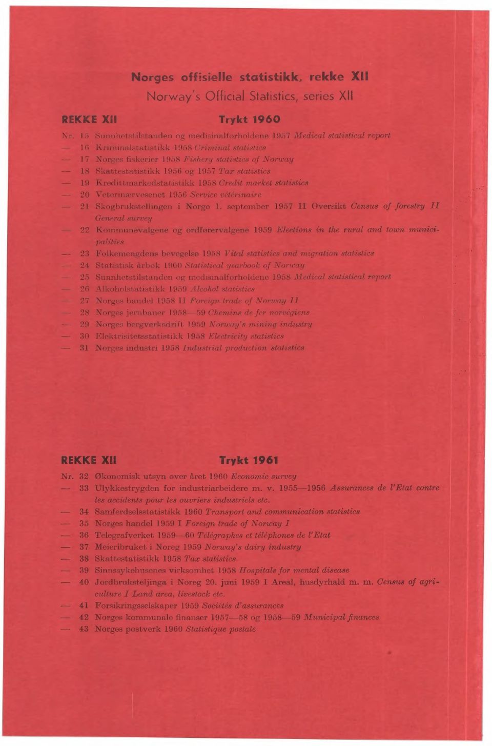 957 Tax statistics 9 Kredittmarkedstatistikk 958 Credit market statistics 20 Veterinærvesenet 956 Service vgtgrinaire 2 Skogbrukstellingen i Norge.