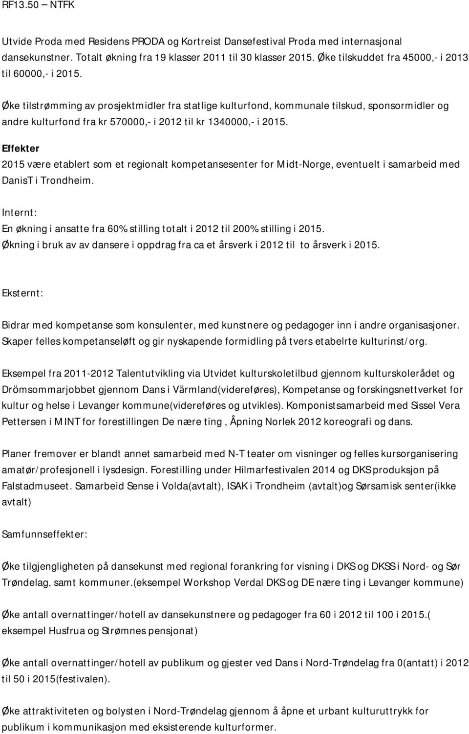 Øke tilstrømming av prosjektmidler fra statlige kulturfond, kommunale tilskud, sponsormidler og andre kulturfond fra kr 570000,- i 2012 til kr 1340000,- i 2015.