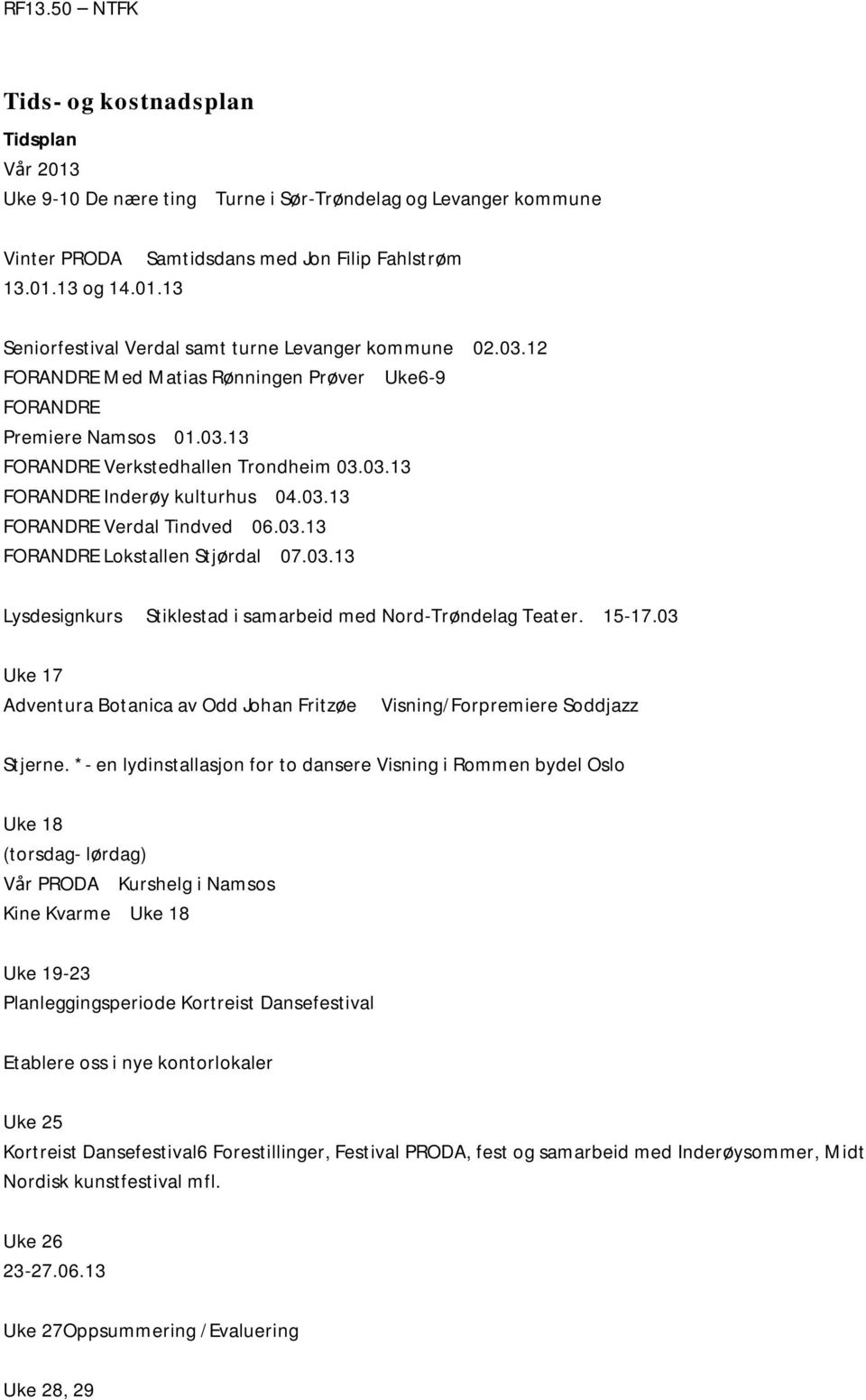 03.13 Lysdesignkurs Stiklestad i samarbeid med Nord-Trøndelag Teater. 15-17.03 Uke 17 Adventura Botanica av Odd Johan Fritzøe Visning/Forpremiere Soddjazz Stjerne.