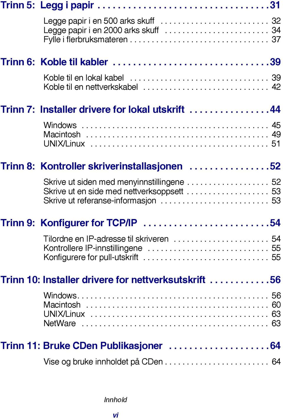 ............................ 42 Trinn 7: Installer drivere for lokal utskrift................44 Windows........................................... 45 Macintosh.......................................... 49 UNIX/Linux.