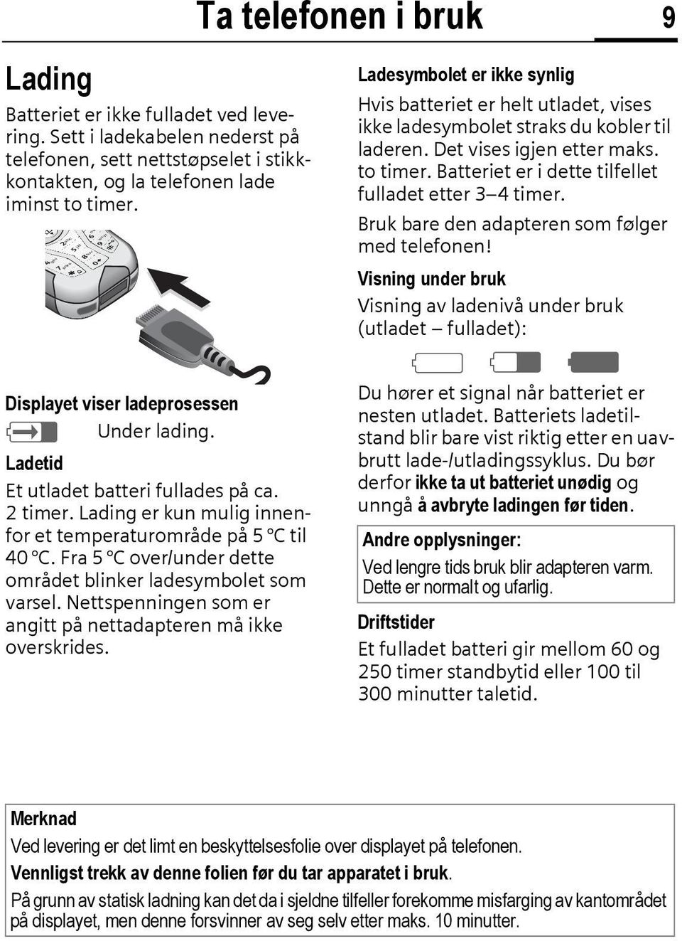 Lading er kun mulig innenfor et temperaturområde på 5 C til 40 C. Fra 5 C over/under dette området blinker ladesymbolet som varsel. Nettspenningen som er angitt på nettadapteren må ikke overskrides.